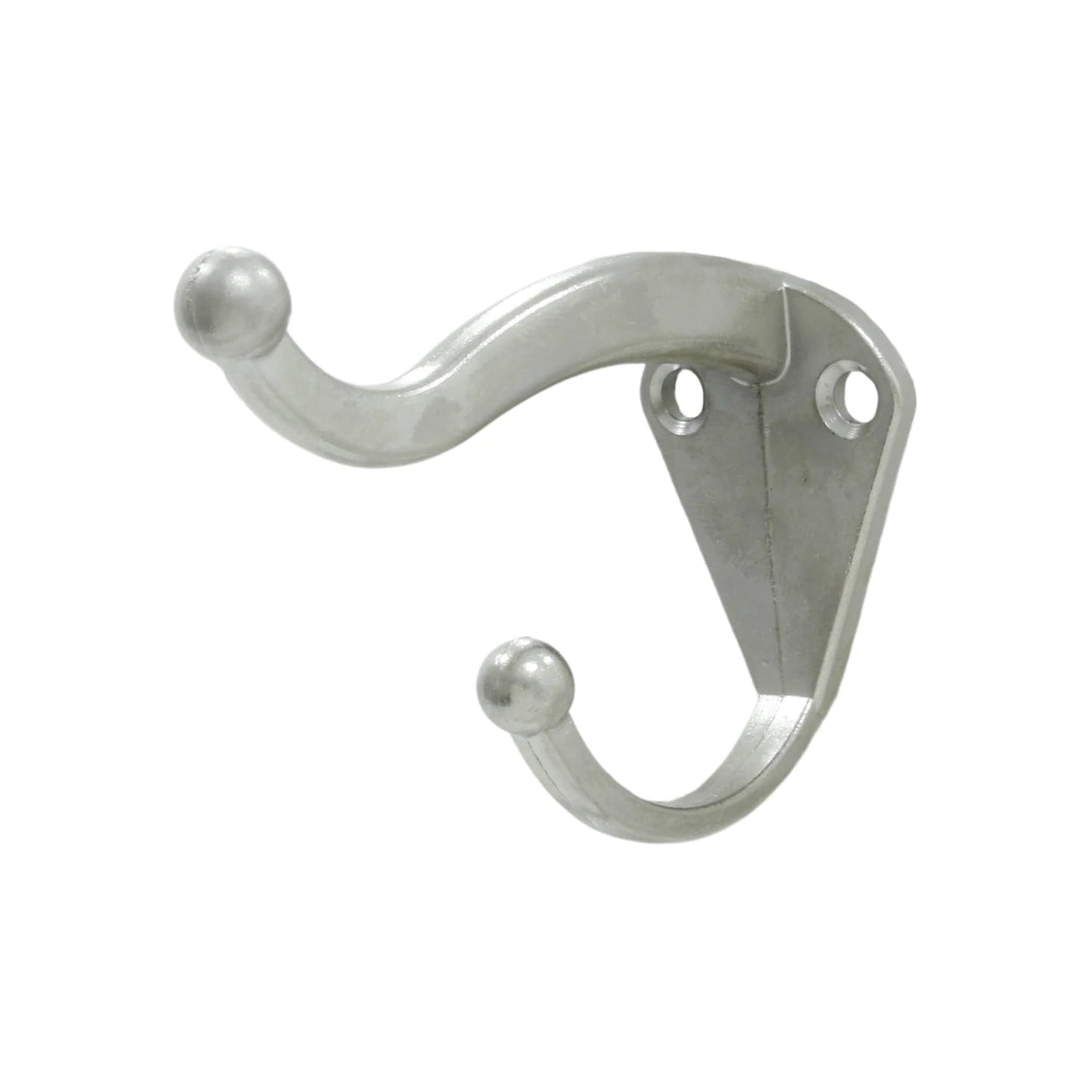 Gancho perchero doble níquel satinado con puntas esféricas para sombreros y abrigos, montaje con tornillos.