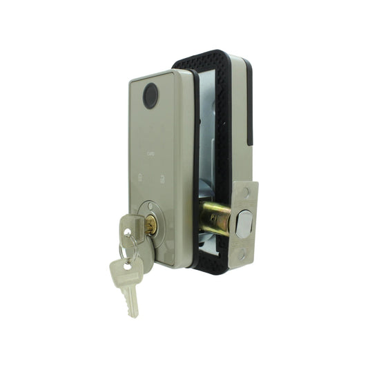 Cerradura inteligente Dexter níquel con lector de tarjeta, sensor biométrico y llave física.