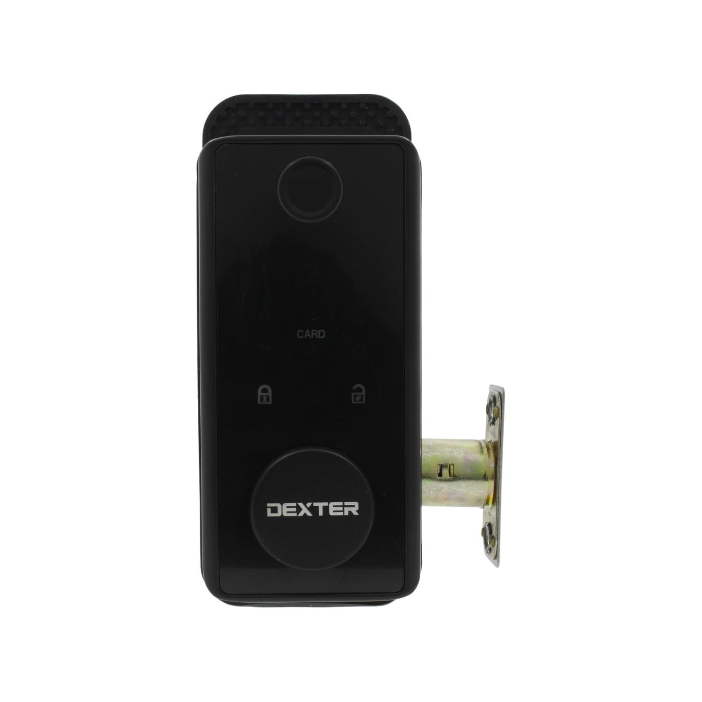 Cerradura inteligente Dexter negra con lector de tarjeta y huella digital para acceso seguro.