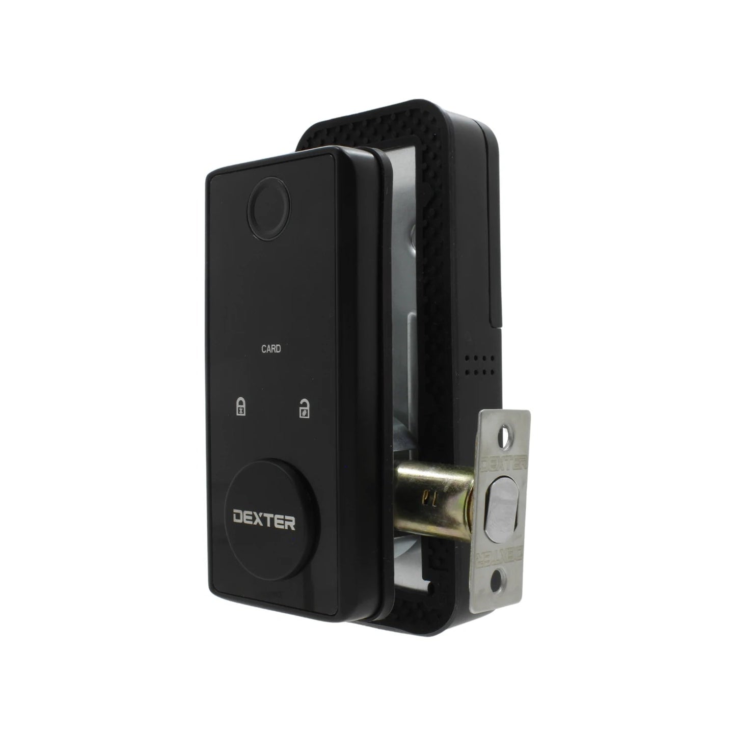 Cerradura inteligente Wi-Fi Dexter negra con lector de tarjeta, control de acceso seguro para puertas.