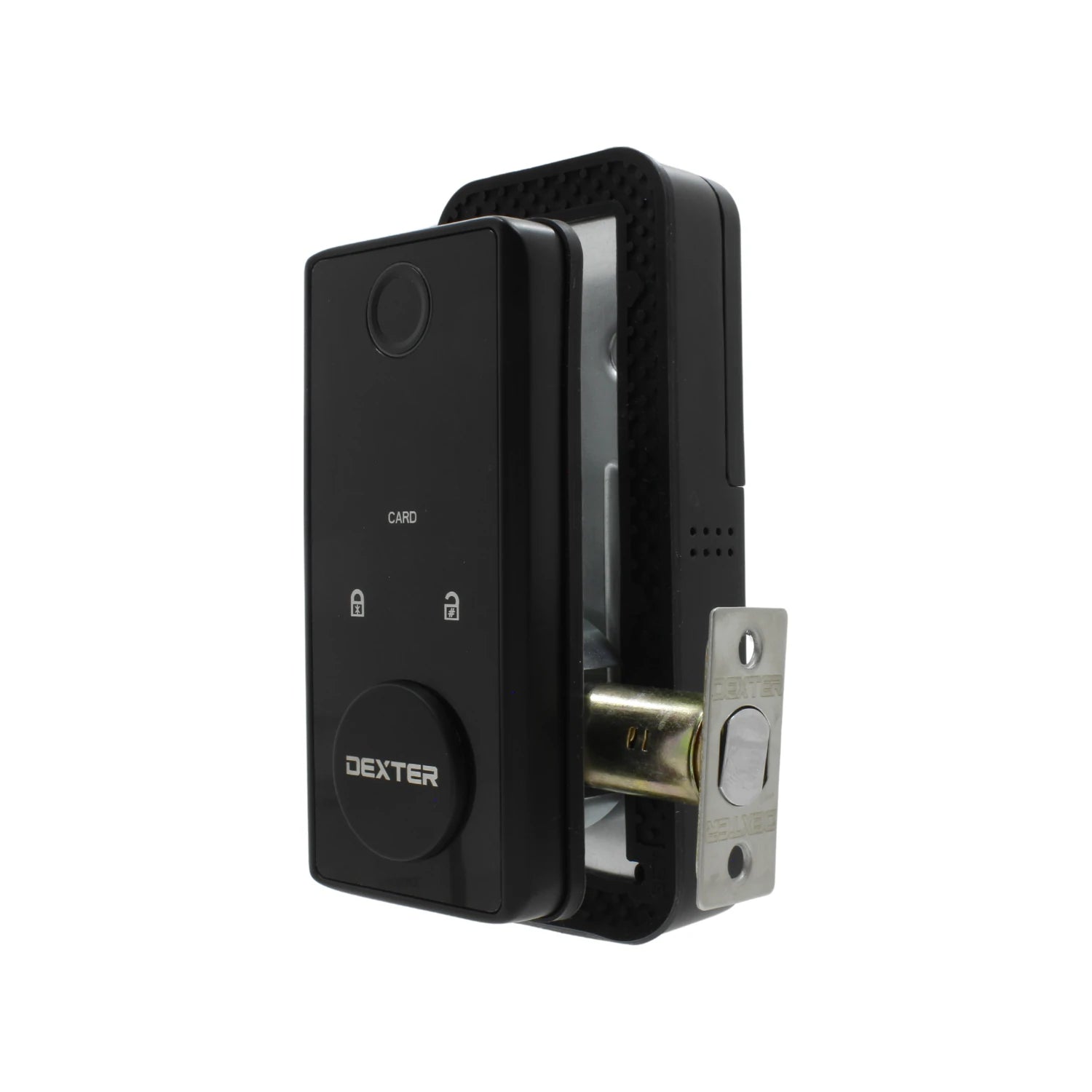 Cerradura inteligente Wi-Fi Dexter negra con lector de tarjeta, control de acceso seguro para puertas.