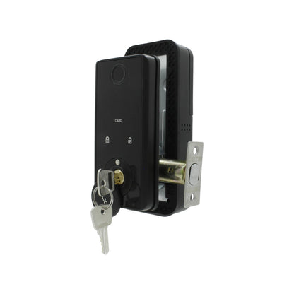Cerradura inteligente WiFi negra con lector de huella, tarjeta RFID y llave física para puertas de seguridad.