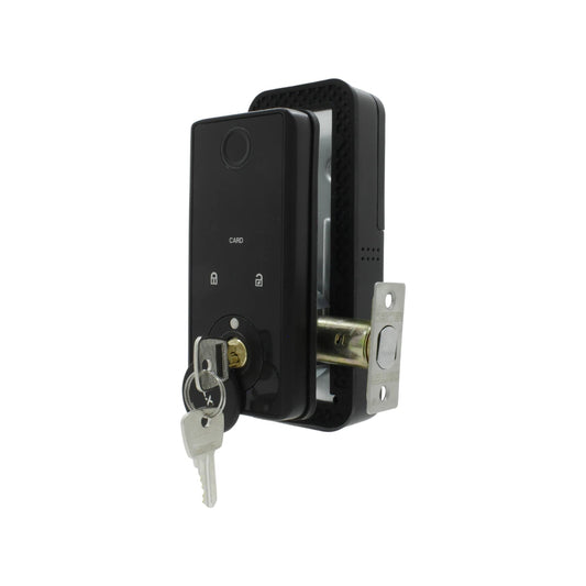 Cerradura inteligente WiFi negra con lector de huella, tarjeta RFID y llave física para puertas de seguridad.