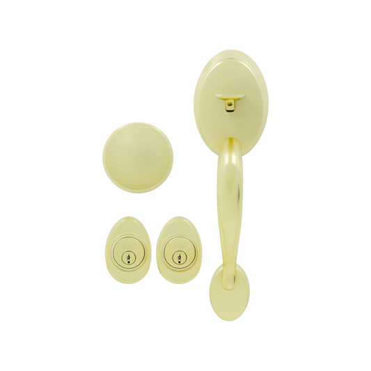 Kit cerradura entrada principal latón brillante con manija, cerrojo y bombines de seguridad