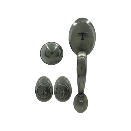 Set de cerradura y manija Dexter para entrada principal, con dos cerrojos de seguridad, acabado cobre tauro.