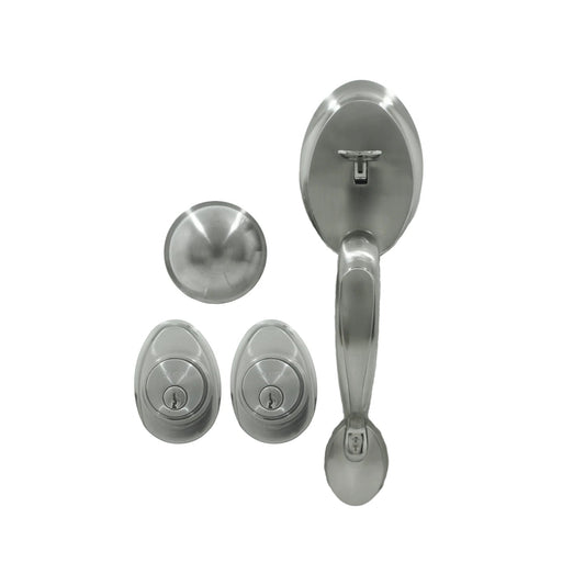 Juego de cerradura Dexter de entrada principal con manillón y dos cerrojos, acabado níquel satinado.