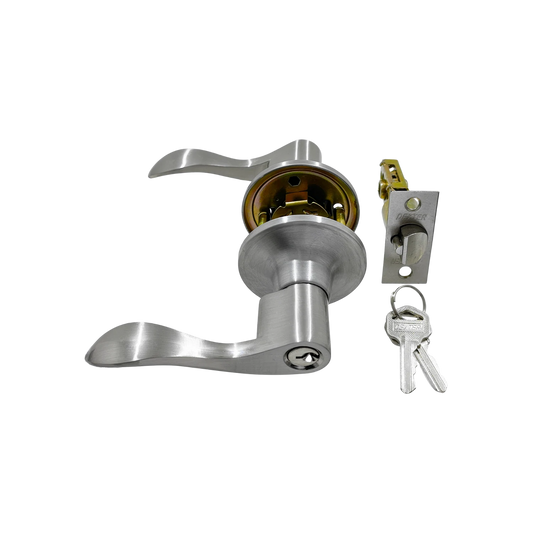 Cerradura de manija Dexter niquel satinado para puerta de recámara, juego completo con pestillo y llaves.