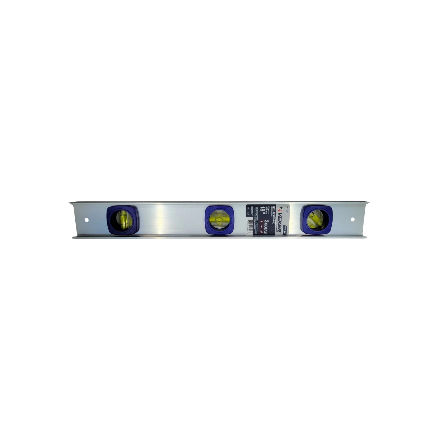 Nivel de burbuja Veker de aluminio de 18 pulgadas con 3 gotas, color plateado y azul.