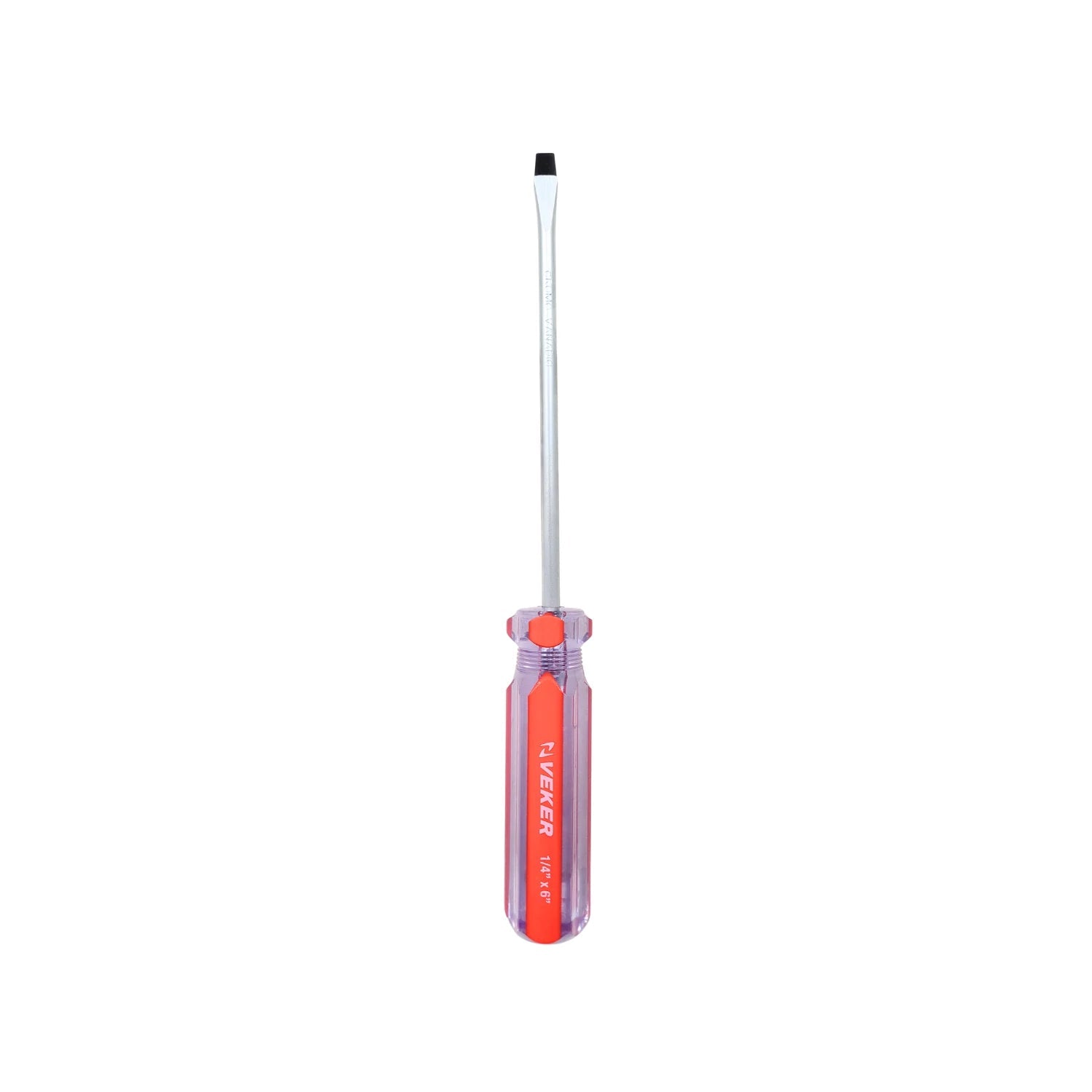 Desarmador plano VEKER 1/4"x6" de acero cromo vanadio, mango transparente rojo para tornillos ranurados
