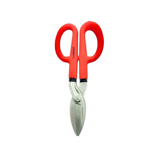 Tijera para hojalatero Veker 10" con mangos rojos ergonómicos para corte de lámina metálica.