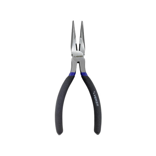 Pinza de punta larga VEKER 7 pulgadas con mangos ergonómicos negros y azules para trabajos de precisión