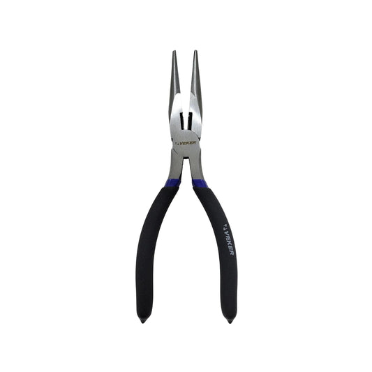Pinzas de punta y corte largas VEKER con mangos ergonómicos negros y azules para trabajos eléctricos y de precisión.