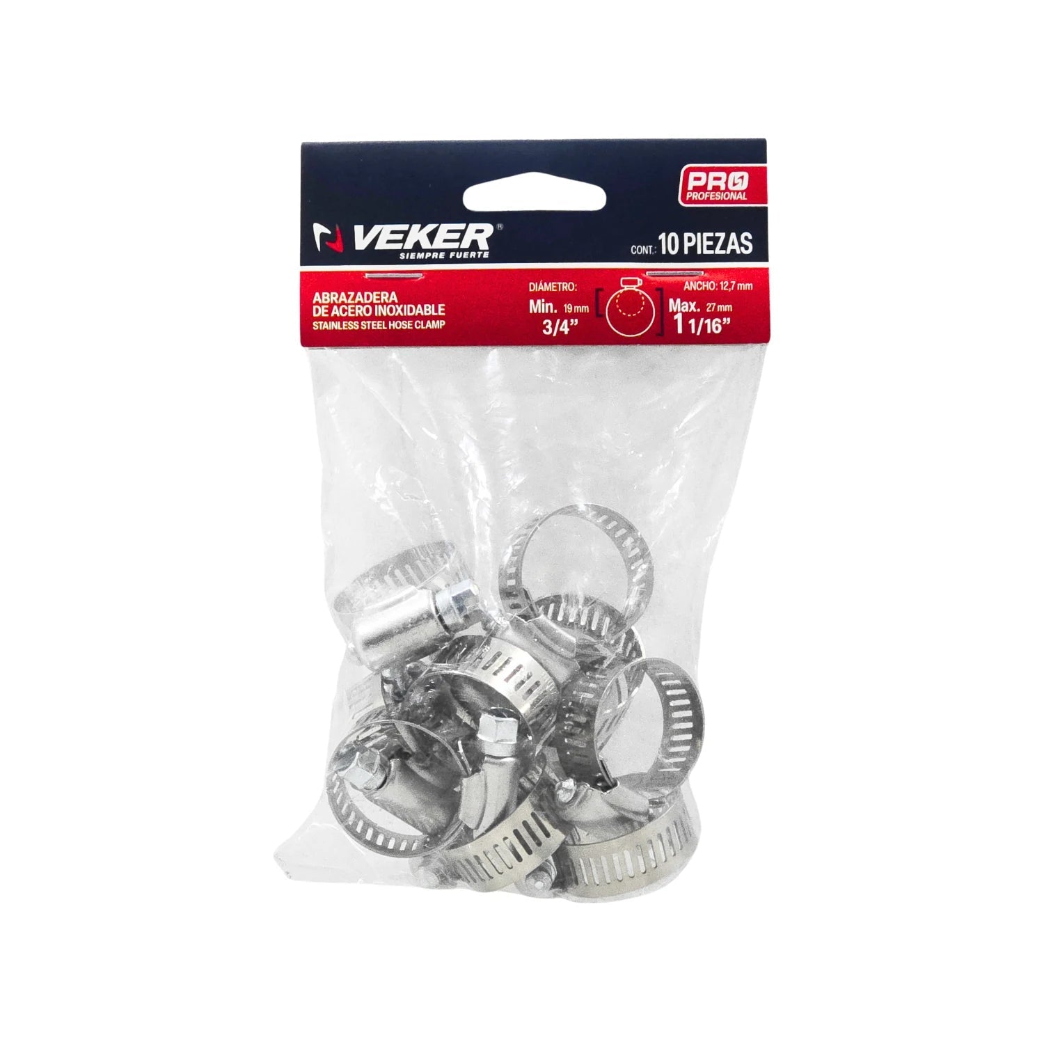 Abrazaderas Veker sin fin de acero inoxidable para manguera, 10 piezas, tamaño 1 1/16" (#10)