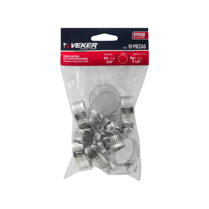 Abrazaderas sin fin Veker de acero inoxidable, 10 piezas, rango 5/8" a 1 1/4" para mangueras.