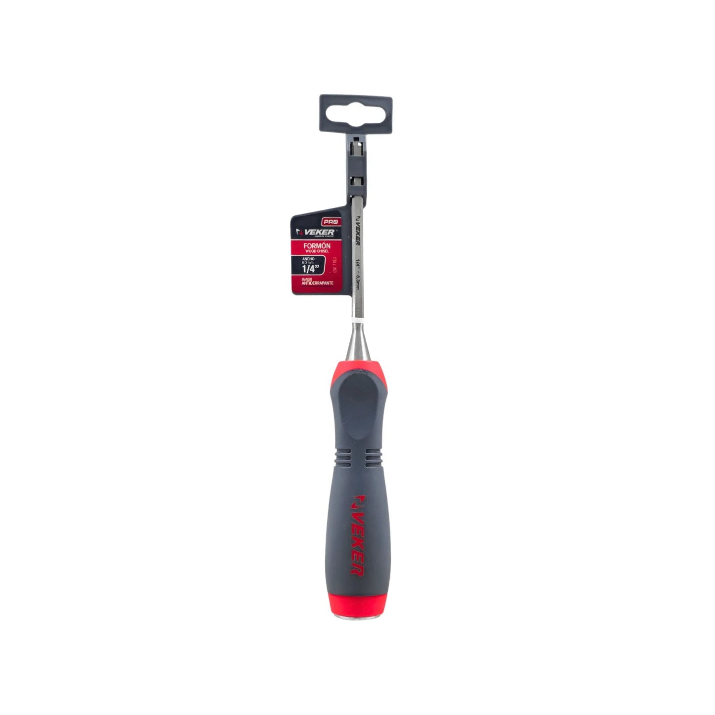 Formón Veker 1/4" con mango comfort antideslizante gris y rojo para trabajos de carpintería y madera.