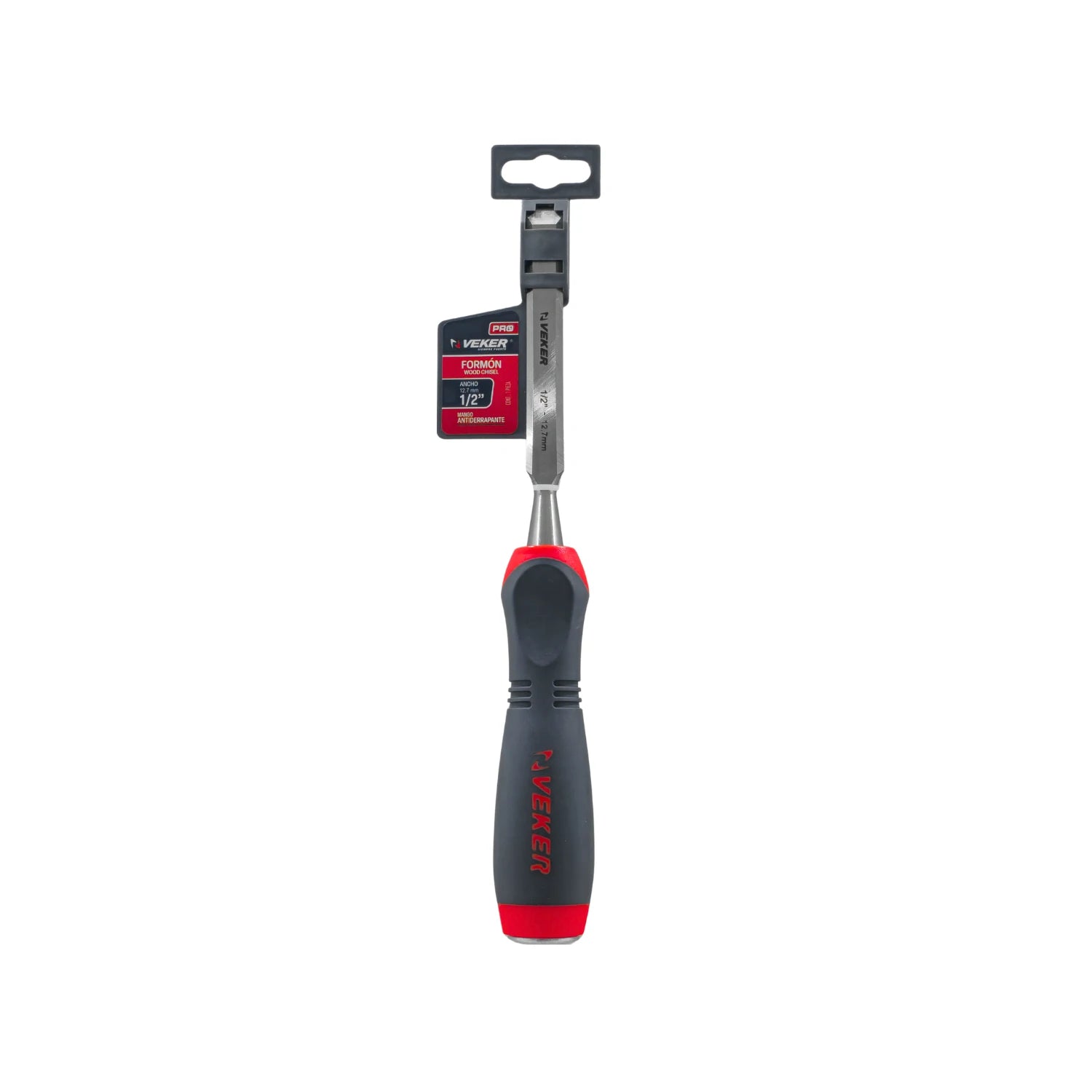 Formón Veker 1/2 pulgada (12.7mm) con mango ergonómico negro y rojo antideslizante para carpintería profesional.