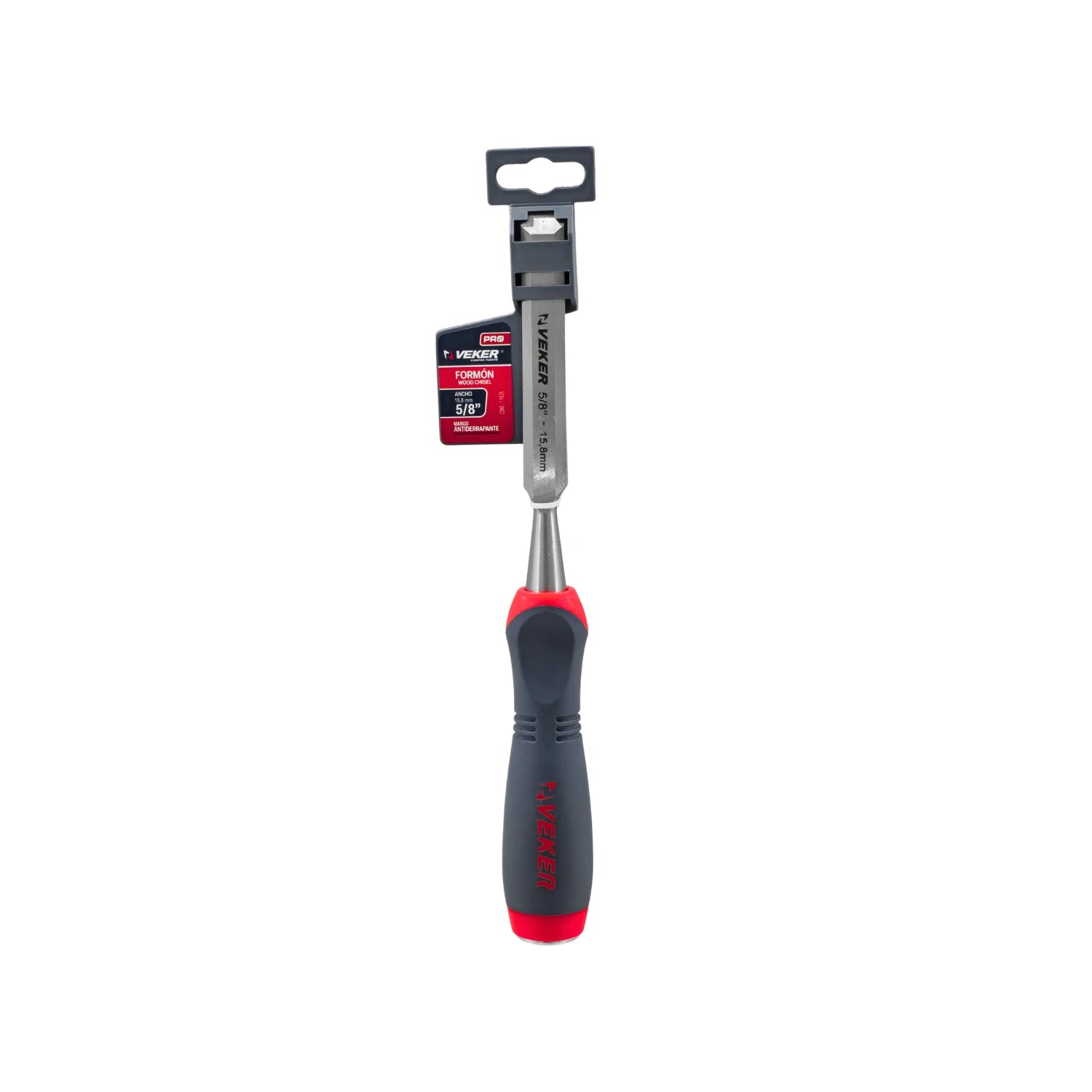 Formón Veker 5/8" (15.8mm) para carpintería, mango ergonómico antideslizante rojo/gris, herramienta profesional