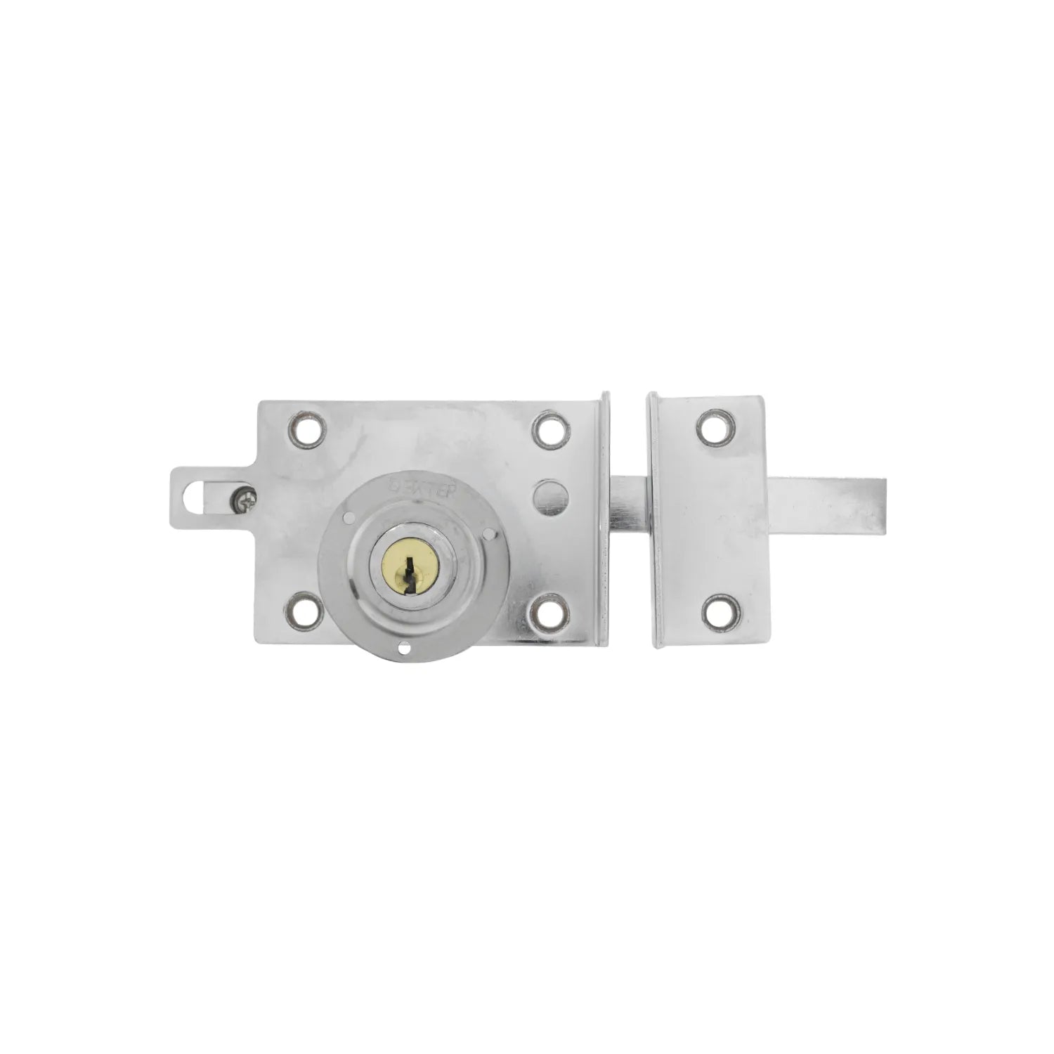 Cerradura de sobreponer Dexter cromada con cerrojo de seguridad y llave para puertas de madera o metal.