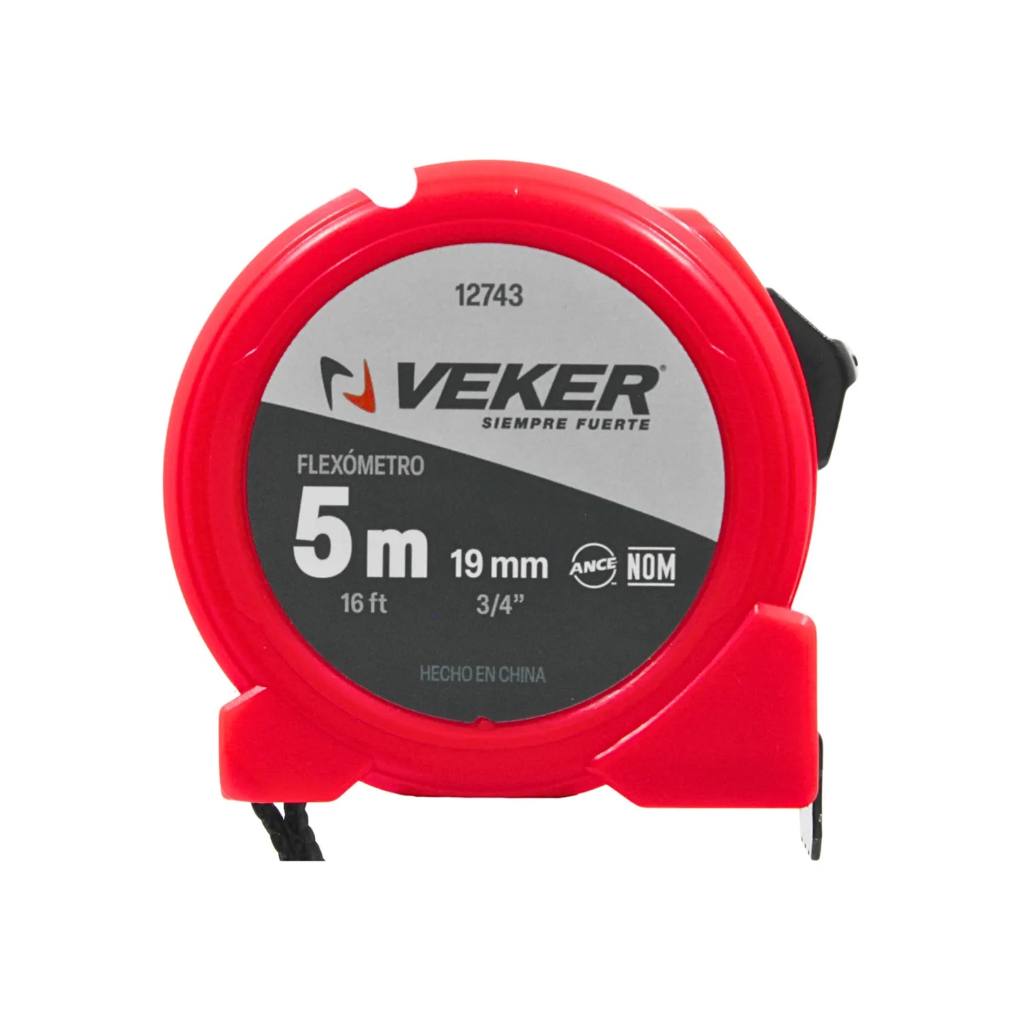 Flexómetro VEKER 12743 rojo de 5m y 16 pies con cinta métrica de 19mm para medición profesional.