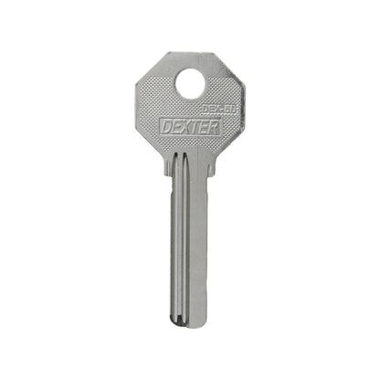 Llave virgen Dexter DEX-50 plateada para duplicado de llaves residenciales y cerrajería con acabado metálico resistente.