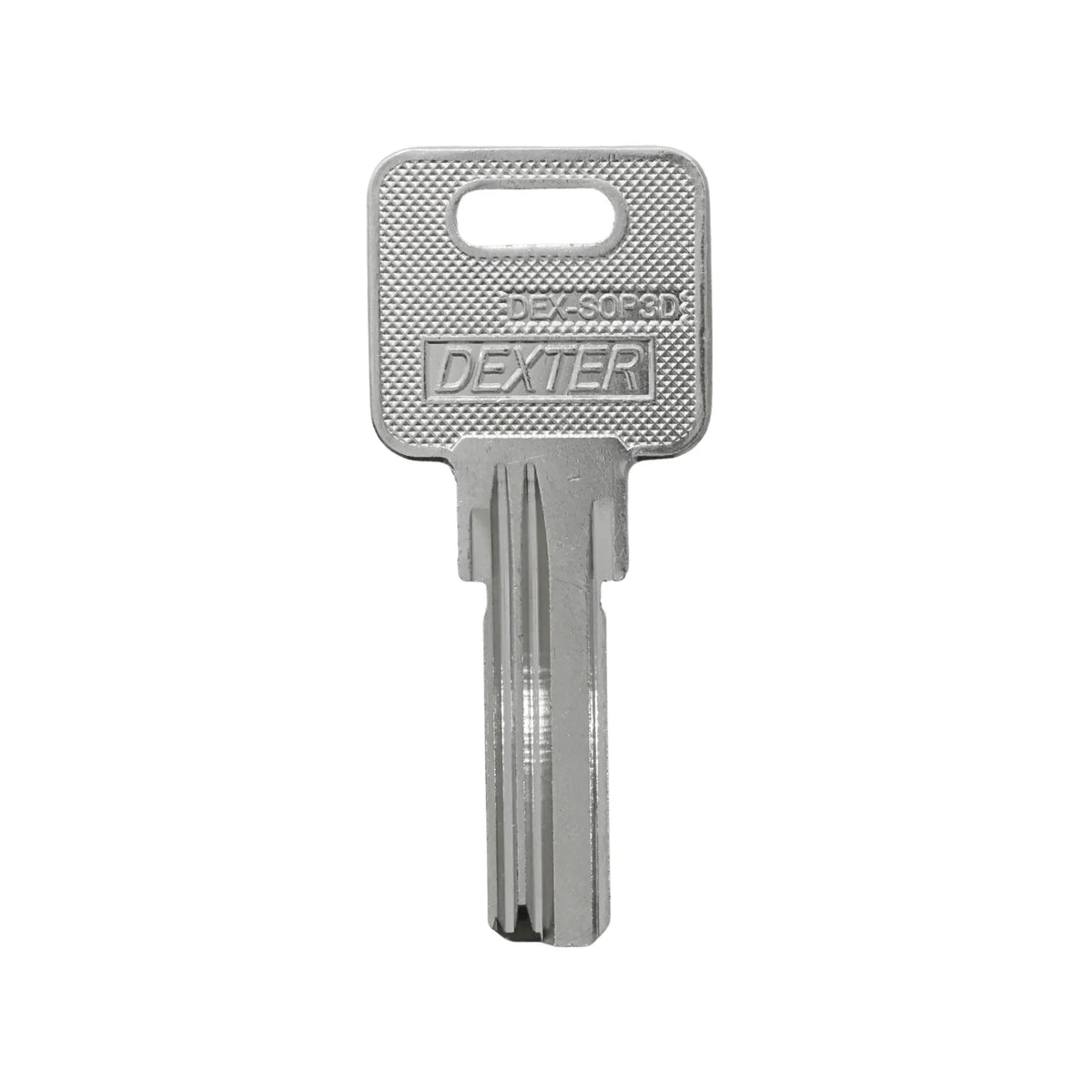 Llave de seguridad Dexter DEX-SOP3D color plata para duplicado de cerraduras de alta precisión.