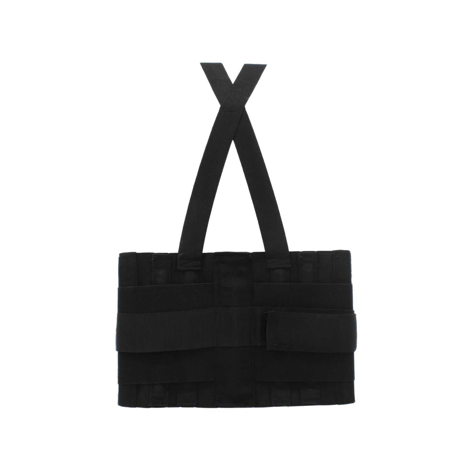 Faja industrial negra con tirantes, brinda soporte lumbar y seguridad para trabajos pesados.