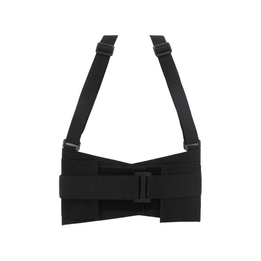 Faja industrial negra con tirantes ajustables, soporte lumbar para protección y seguridad de la espalda