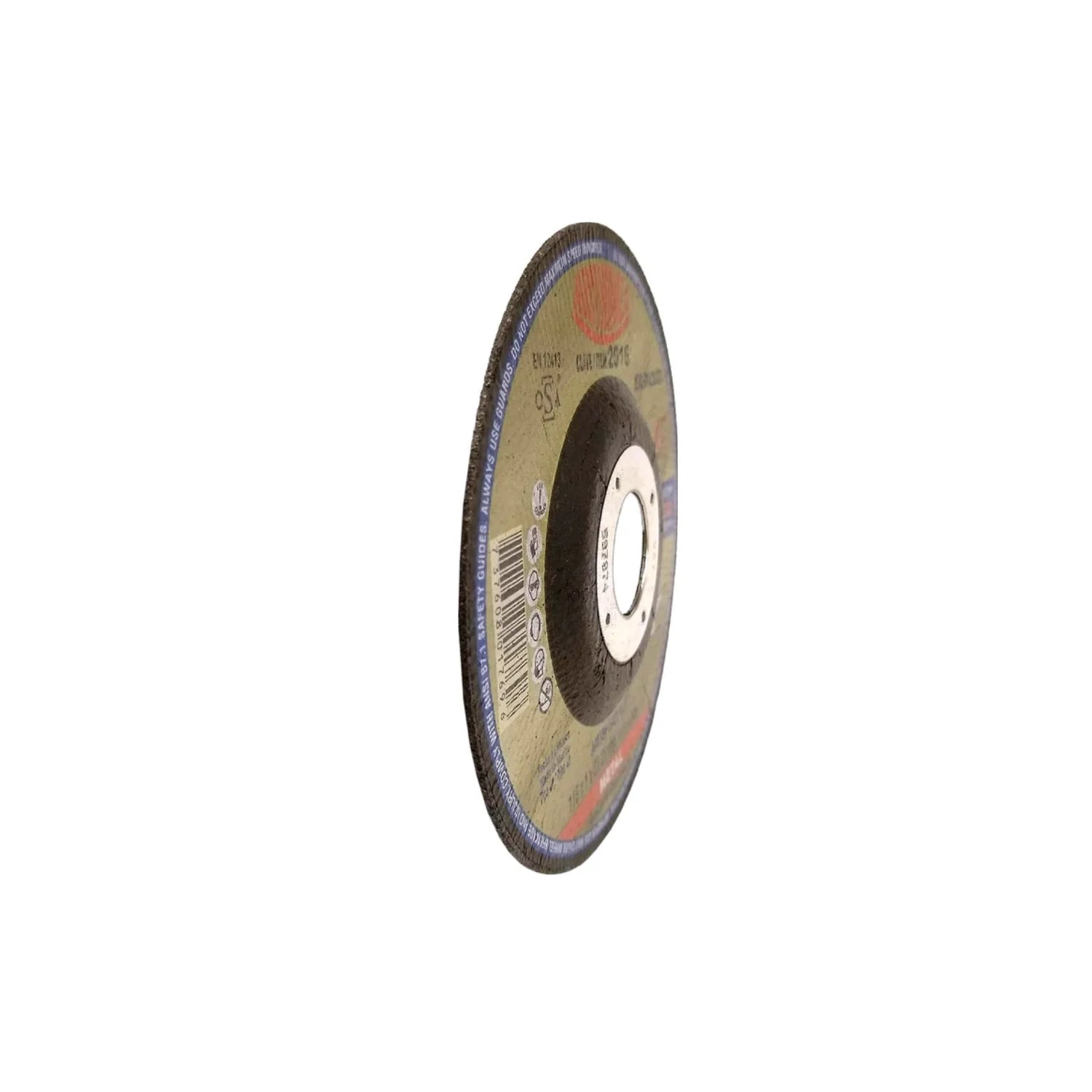Disco abrasivo de corte Austromex 180mm x 1.6mm para metal, norma EN 12413, con advertencias de seguridad.