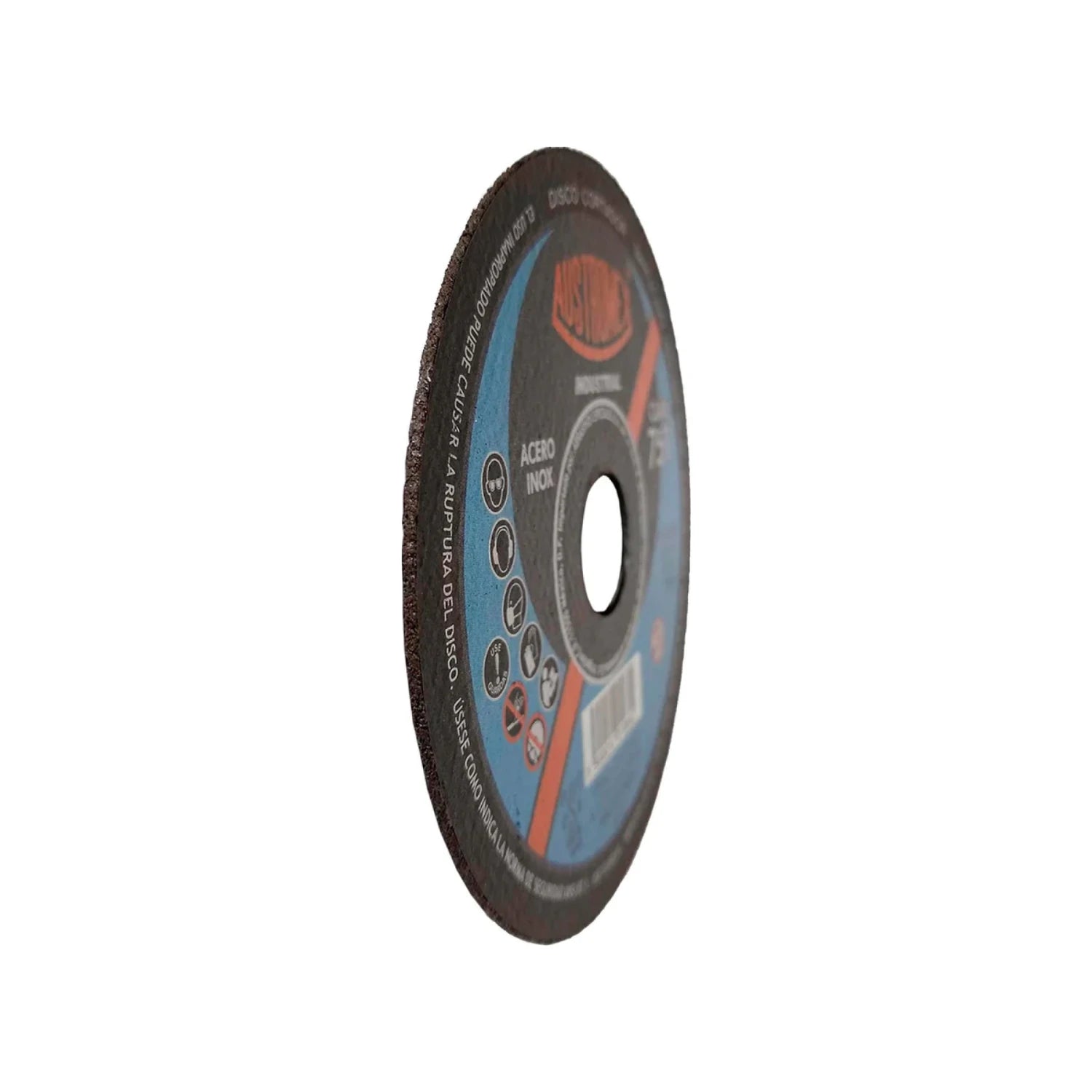 Disco de corte industrial Austromex 4 1/2" para amoladora, uso en acero inoxidable, etiqueta azul y negra.