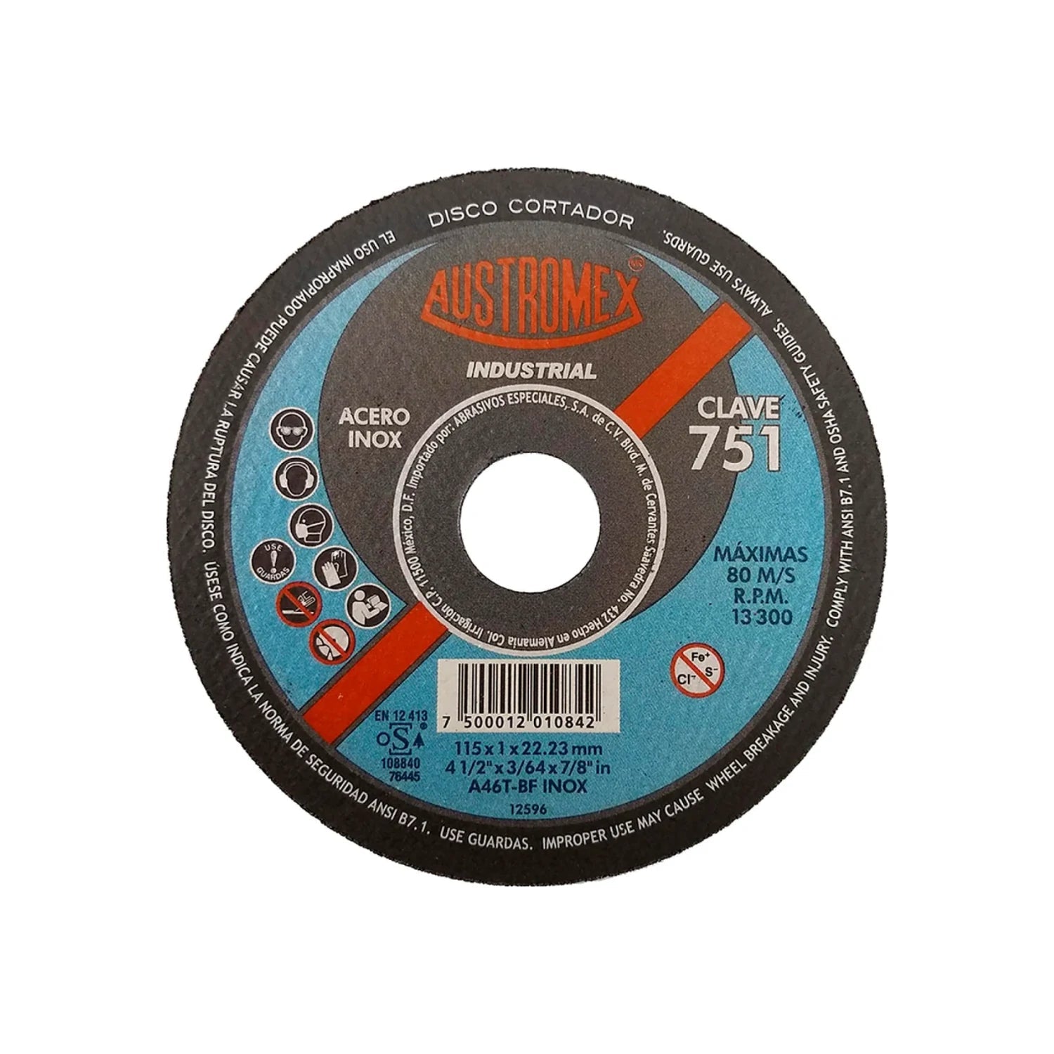 Disco de corte abrasivo Austromex 4 1/2" para acero inoxidable y acero, industrial 751, 13300 RPM