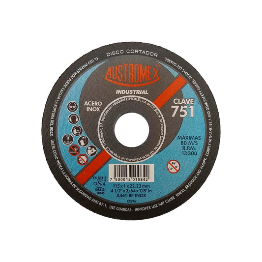 Disco de corte abrasivo Austromex 4 1/2" para acero inoxidable y acero, industrial 751, 13300 RPM