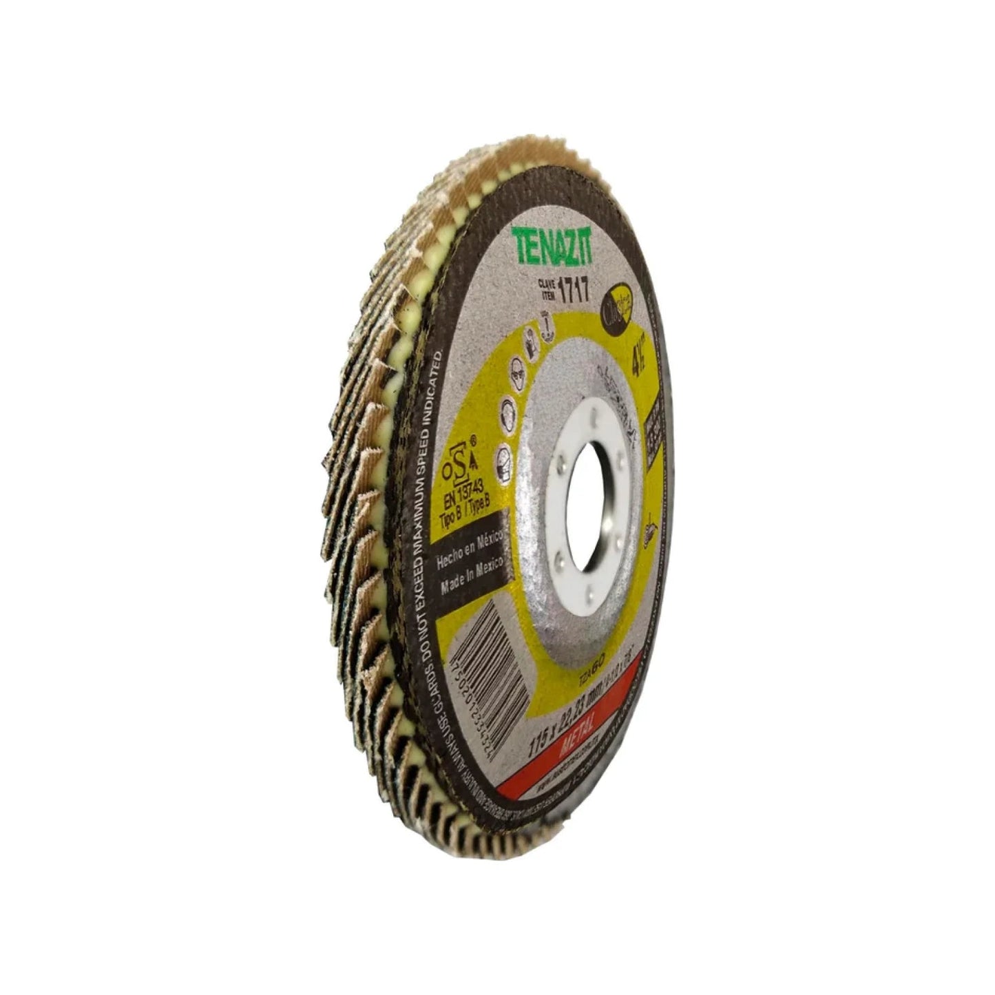 Disco laminado TENAZIT 4 1/2" para desbaste y pulido de metal, modelo 1717, abrasivo resistente.