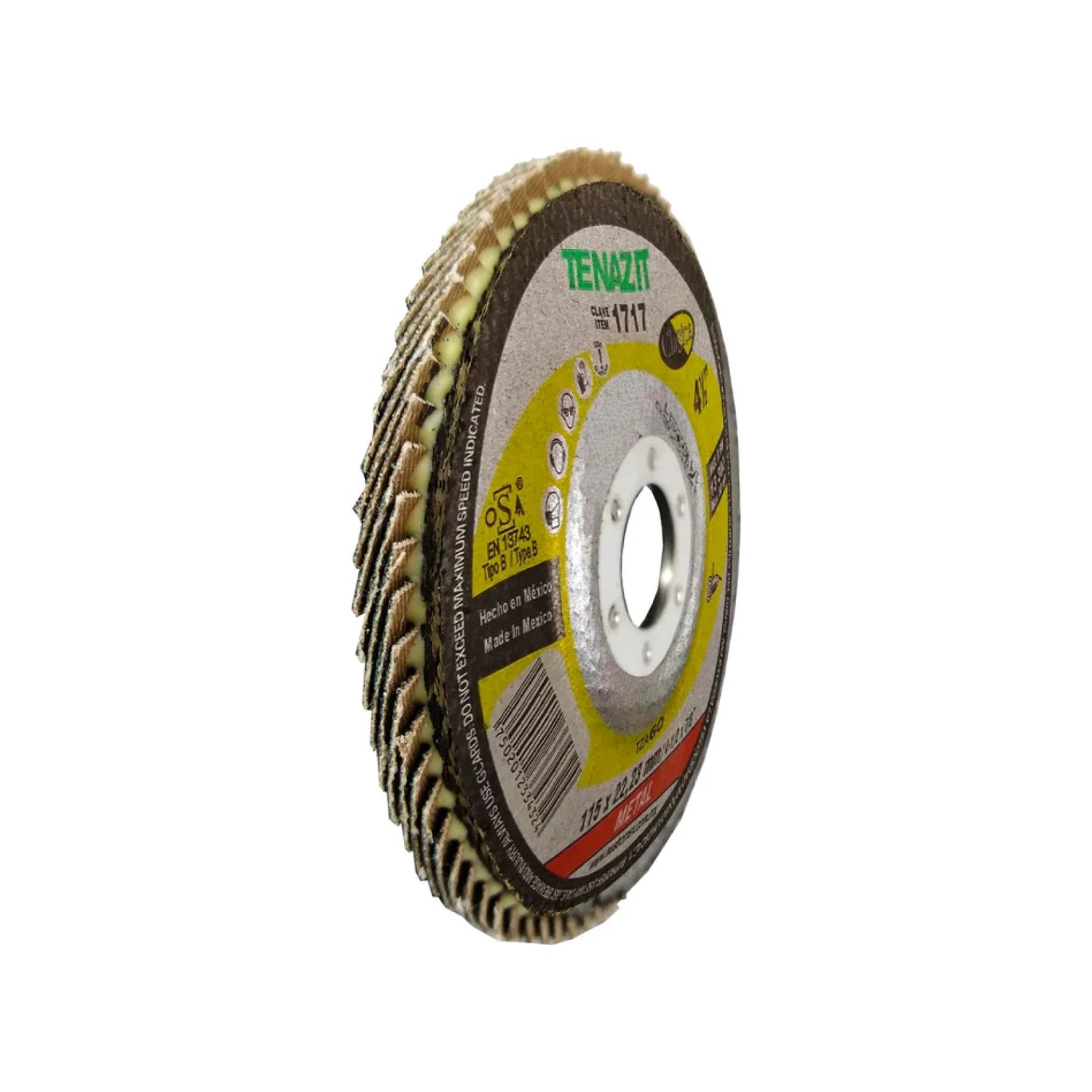 Disco laminado TENAZIT 4 1/2" para desbaste y pulido de metal, modelo 1717, abrasivo resistente.