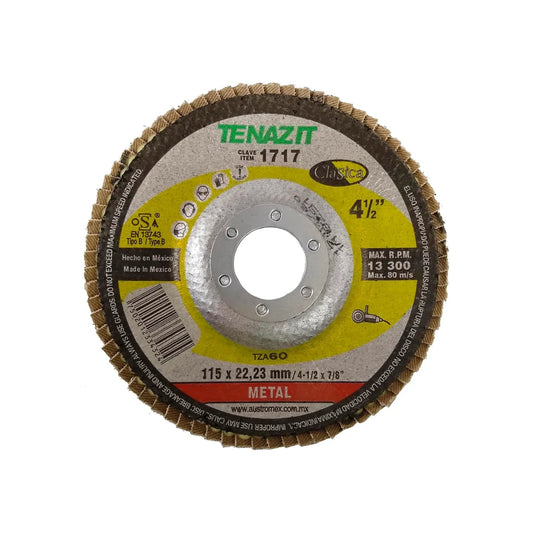 Disco de desbaste laminado Tenazit 4 1/2" grano 60 para metal, Austromex 1717, 13300 RPM Max
