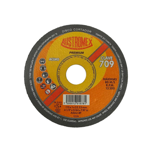 Disco cortador premium Austromex 709 para metal y acero 4 1/2", 13300 RPM, naranja/gris.