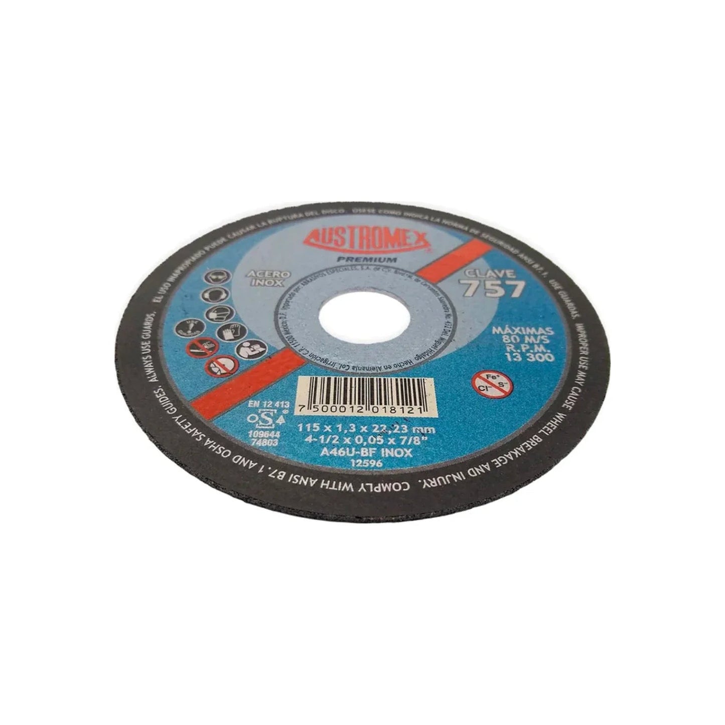 Disco de corte Austromex 757 para metal y acero inoxidable 4 1/2" premium, 13300 RPM.