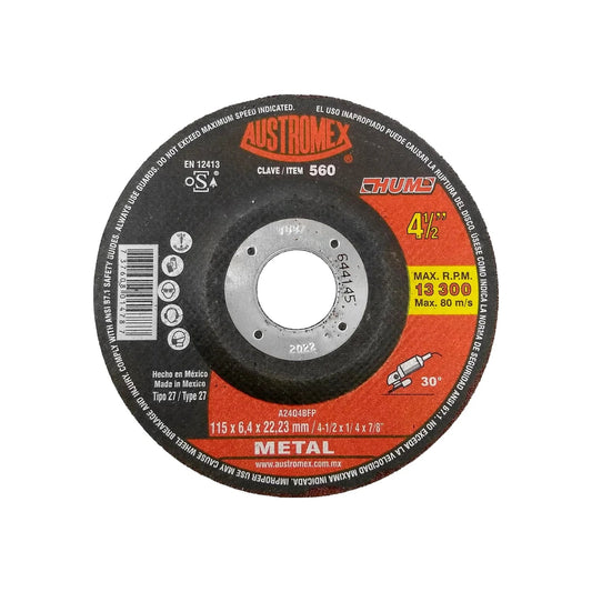 Disco de desbaste Austromex 4 1/2" x 1/4" para metal, 13300 RPM, negro y rojo, uso profesional, Tipo 27.
