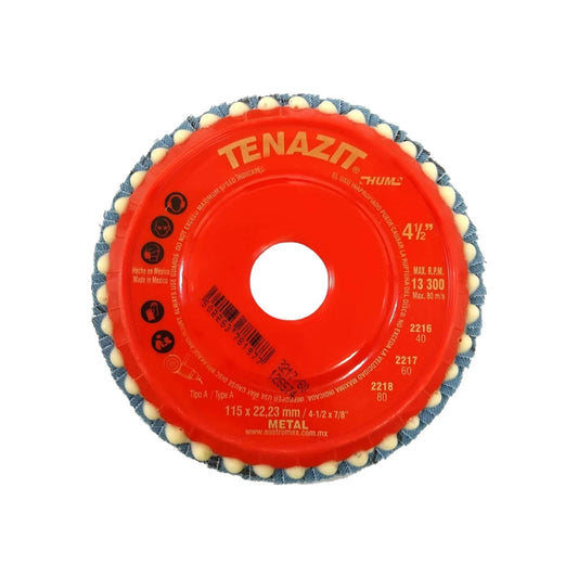 Disco laminado Austromex Tenazit 4 1/2" grano 60 para metal. Desbaste, pulido y acabado en rojo/azul.