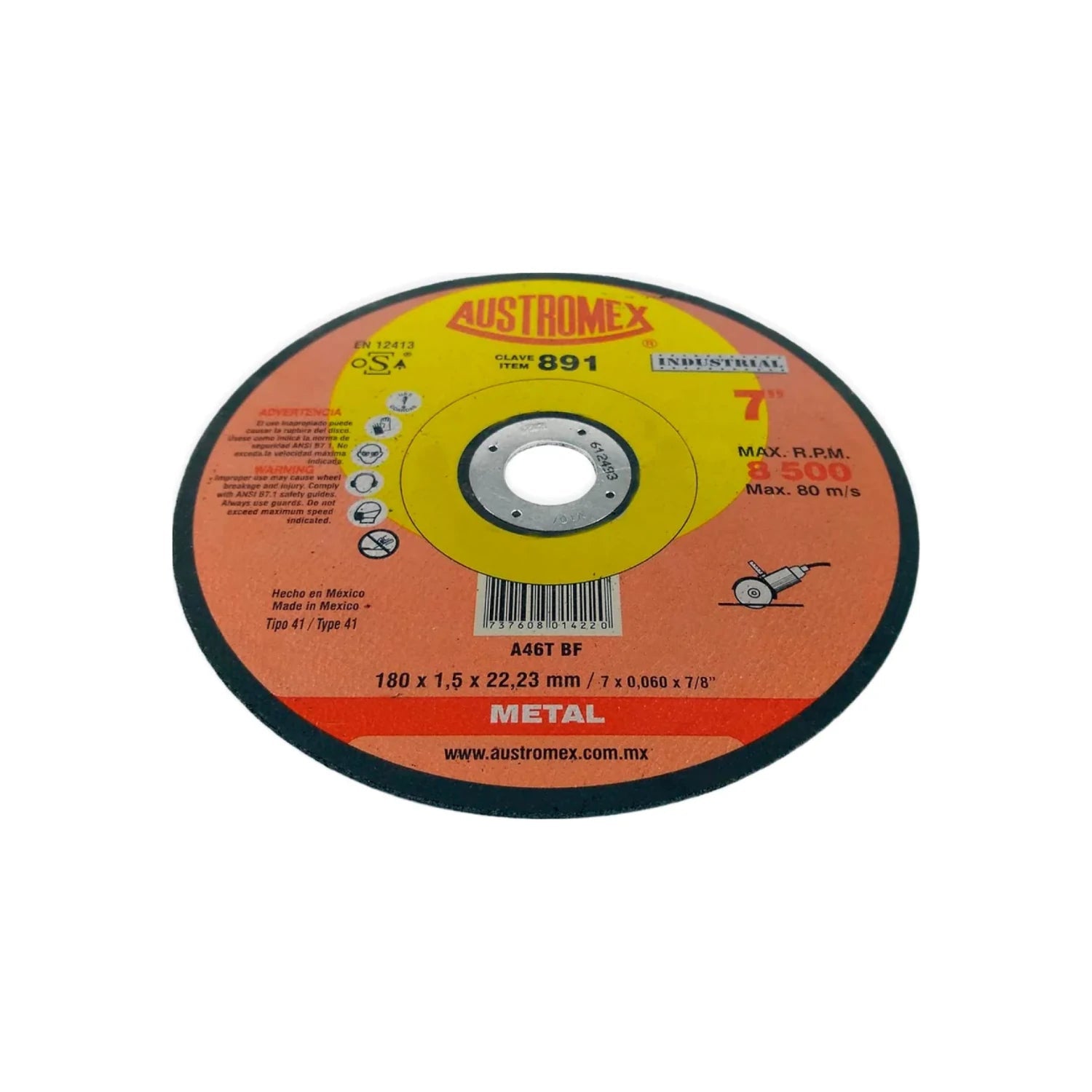 Disco de corte Austromex 7" (180mm) para metal, modelo 891, abrasivo A46T BF, 8500 RPM