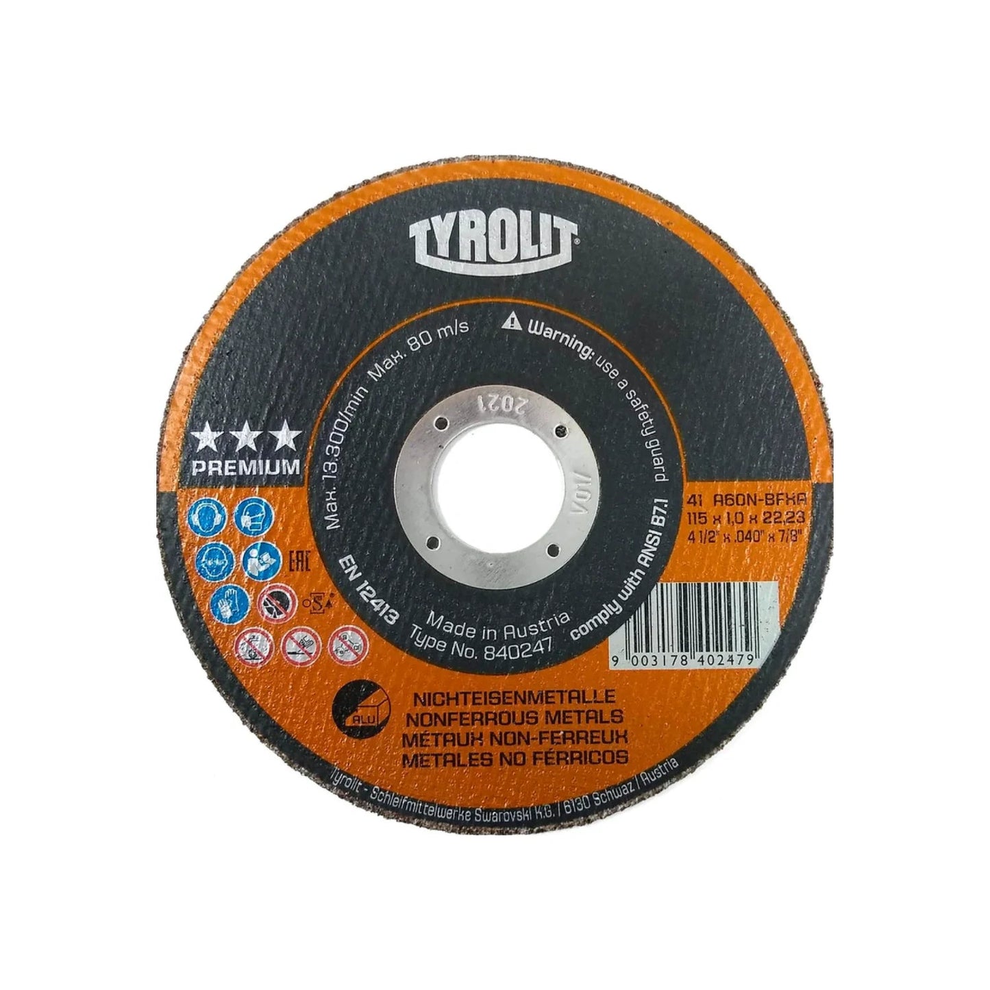 Disco abrasivo Tyrolit premium 4 1/2" para corte de aluminio y metales no ferrosos