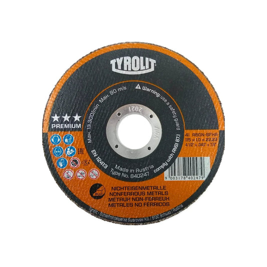 Disco abrasivo Tyrolit premium 4 1/2" para corte de aluminio y metales no ferrosos