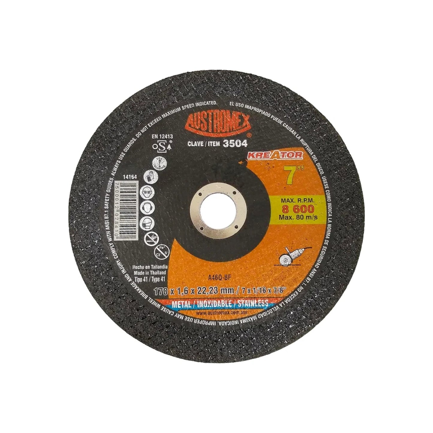 Disco de corte Austromex 7 pulgadas (178mm) para acero inoxidable y metal, delgado 1.6mm, 8600 RPM, modelo 3504