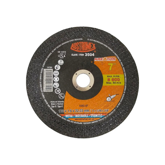 Disco de corte Austromex 7 pulgadas (178mm) para acero inoxidable y metal, delgado 1.6mm, 8600 RPM, modelo 3504