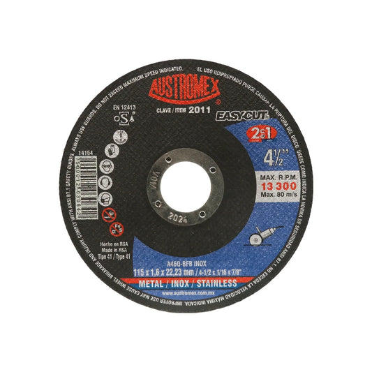 Disco de corte delgado Austromex 4 1/2" para metal y acero inoxidable, Easy Cut 2 en 1, 13300 RPM