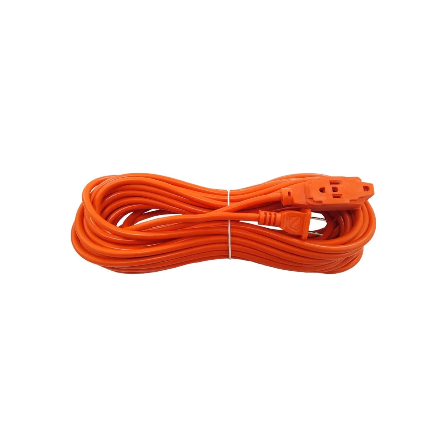 Extensión eléctrica naranja enrollada, 15 metros, uso rudo, con enchufe y 3 tomas.