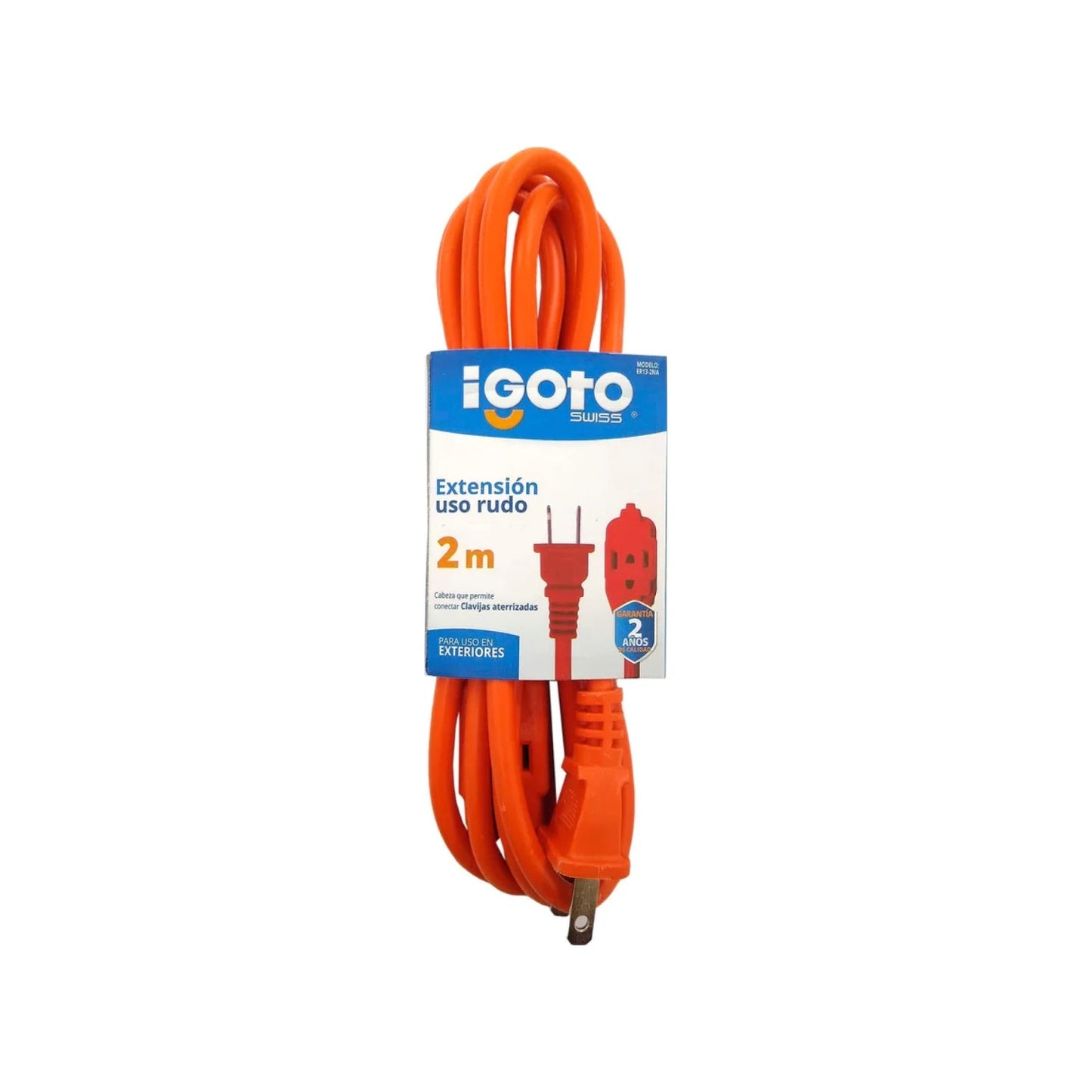 Extensión eléctrica uso rudo Igoto Swiss 2m, naranja, con clavijas aterrizadas para exteriores