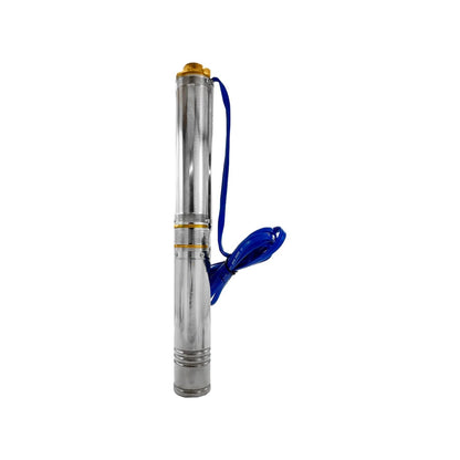 Bomba sumergible tipo bala de acero inoxidable con cable eléctrico azul para pozos profundos, cuerpo metálico y tope dorado.
