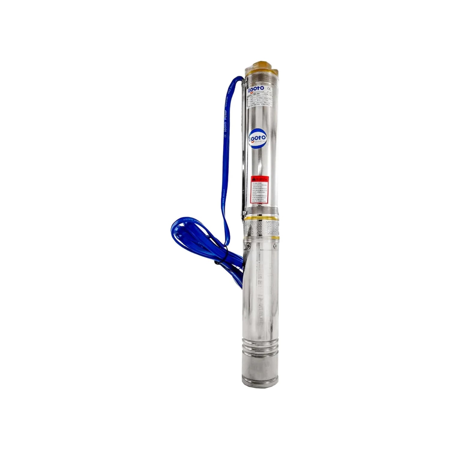 Bomba sumergible tipo bala 1 HP Igoto con carcasa de acero inoxidable y cable eléctrico azul.