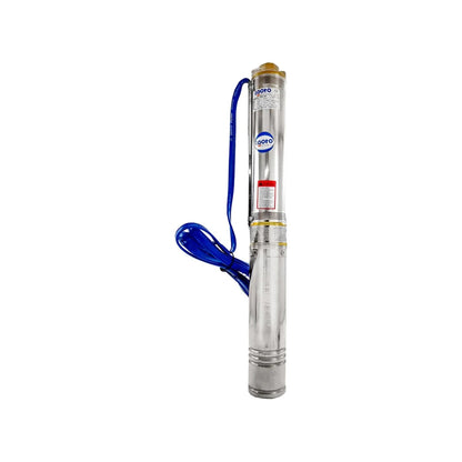 Bomba sumergible tipo bala 1 HP Igoto con carcasa de acero inoxidable y cable eléctrico azul.