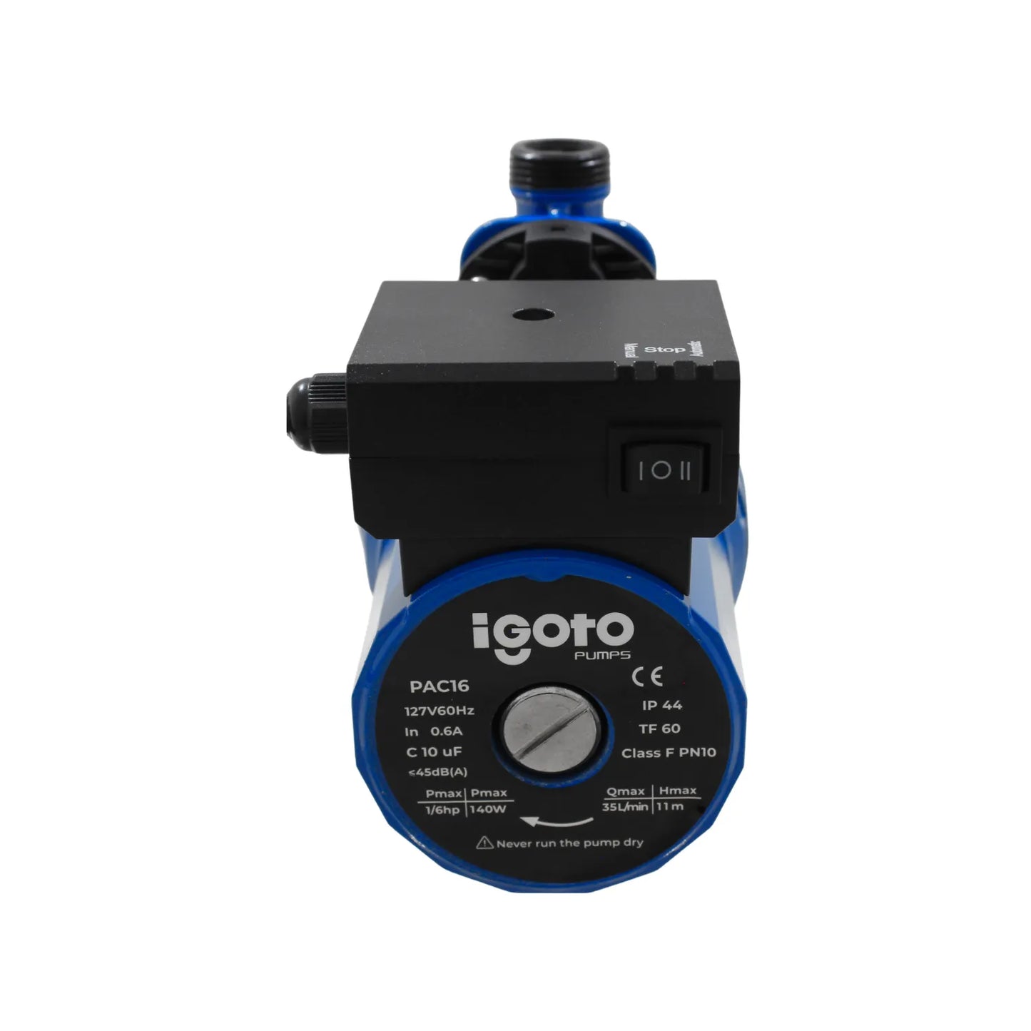 Bomba presurizadora igoto PAC16 azul 1/6hp 127V con selector manual-automático para mayor presión de agua.